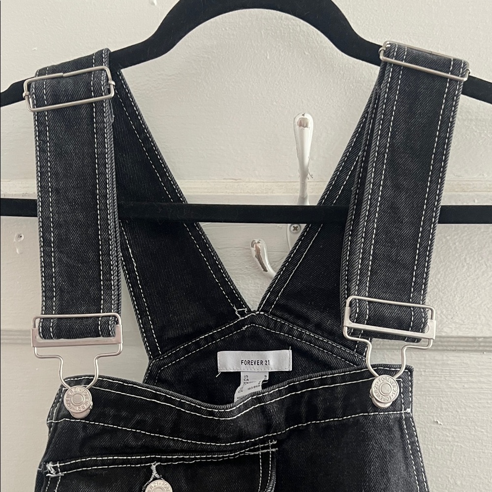 Forever 21 Black Baggy Denim with White Stitching Overalls - Picture 6 of 13
